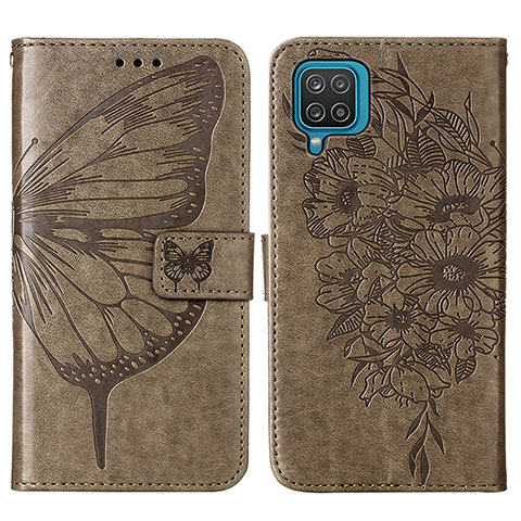 Custodia Portafoglio In Pelle Farfalla Cover con Supporto Y01B per Samsung Galaxy A12 Nacho Grigio