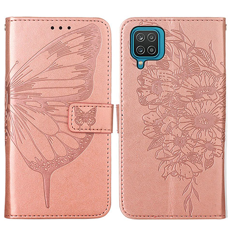 Custodia Portafoglio In Pelle Farfalla Cover con Supporto Y01B per Samsung Galaxy A12 Oro Rosa