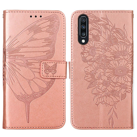 Custodia Portafoglio In Pelle Farfalla Cover con Supporto Y01B per Samsung Galaxy A70 Oro Rosa