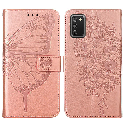 Custodia Portafoglio In Pelle Farfalla Cover con Supporto Y01B per Samsung Galaxy M02s Oro Rosa