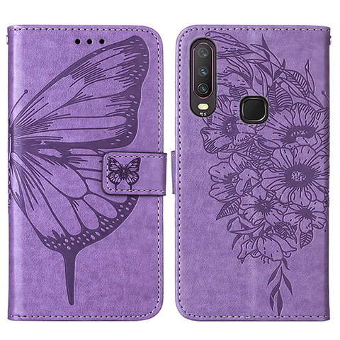 Custodia Portafoglio In Pelle Farfalla Cover con Supporto Y01B per Vivo Y12 Lavanda