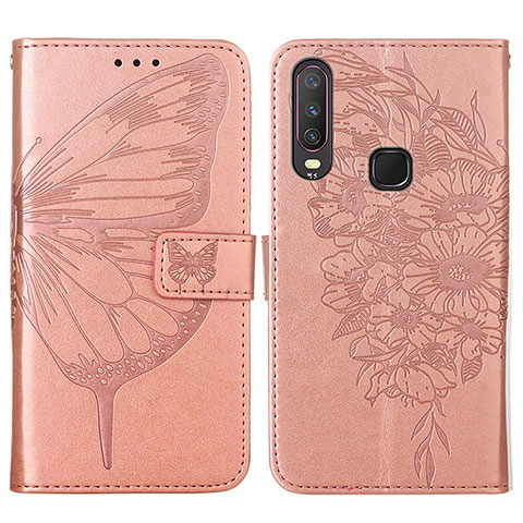 Custodia Portafoglio In Pelle Farfalla Cover con Supporto Y01B per Vivo Y12 Oro Rosa