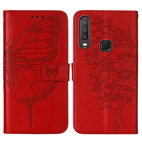 Custodia Portafoglio In Pelle Farfalla Cover con Supporto Y01B per Vivo Y12 Rosso