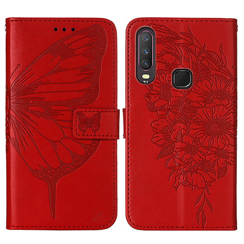 Custodia Portafoglio In Pelle Farfalla Cover con Supporto Y01B per Vivo Y3s Rosso