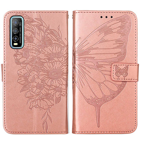 Custodia Portafoglio In Pelle Farfalla Cover con Supporto Y01B per Vivo Y50t Oro Rosa