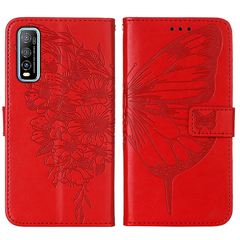 Custodia Portafoglio In Pelle Farfalla Cover con Supporto Y01B per Vivo Y50t Rosso