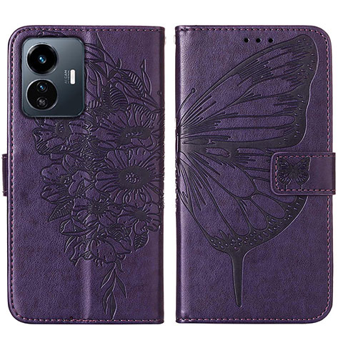 Custodia Portafoglio In Pelle Farfalla Cover con Supporto Y01B per Vivo Y77 5G Viola