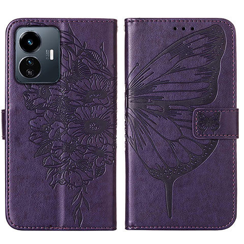 Custodia Portafoglio In Pelle Farfalla Cover con Supporto Y01B per Vivo Y77e 5G Viola