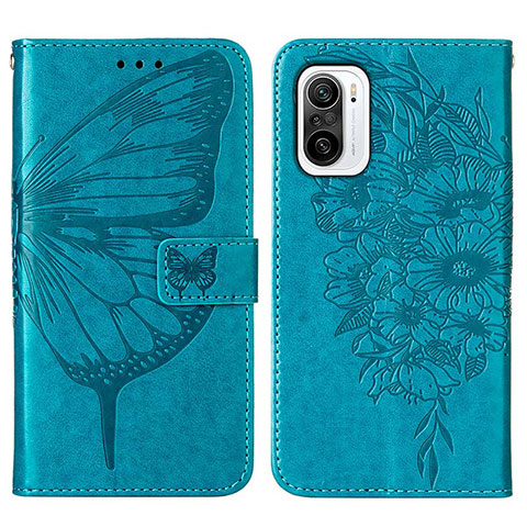 Custodia Portafoglio In Pelle Farfalla Cover con Supporto Y01B per Xiaomi Poco F3 5G Blu