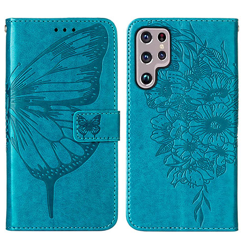 Custodia Portafoglio In Pelle Farfalla Cover con Supporto Y06B per Samsung Galaxy S22 Ultra 5G Blu