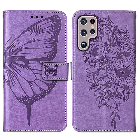 Custodia Portafoglio In Pelle Farfalla Cover con Supporto Y06B per Samsung Galaxy S22 Ultra 5G Lavanda