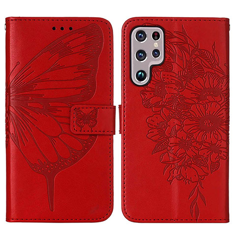 Custodia Portafoglio In Pelle Farfalla Cover con Supporto Y06B per Samsung Galaxy S22 Ultra 5G Rosso