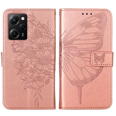 Custodia Portafoglio In Pelle Farfalla Cover con Supporto YB1 per Xiaomi Poco X5 Pro 5G Oro Rosa