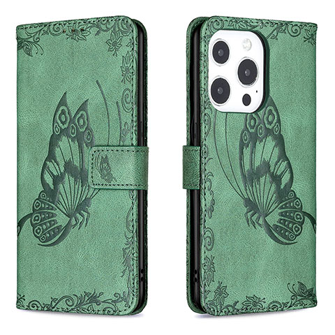 Custodia Portafoglio In Pelle Farfalla Cover con Supporto Z01 per Apple iPhone 15 Pro Max Verde