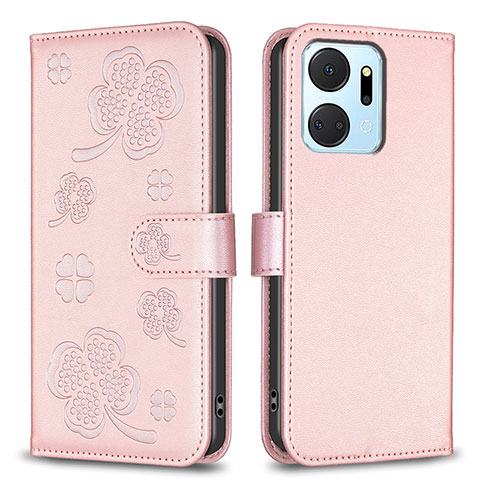 Custodia Portafoglio In Pelle Fiori Cover con Supporto BF1 per Huawei Honor X7a Oro Rosa