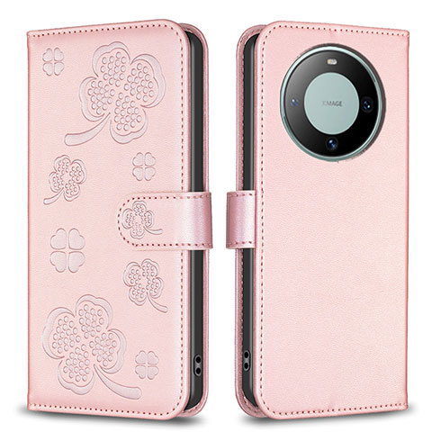 Custodia Portafoglio In Pelle Fiori Cover con Supporto BF1 per Huawei Mate 60 Pro+ Plus Oro Rosa