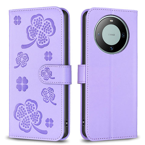 Custodia Portafoglio In Pelle Fiori Cover con Supporto BF1 per Huawei Mate 60 Viola