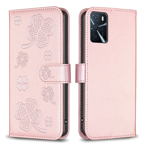 Custodia Portafoglio In Pelle Fiori Cover con Supporto BF1 per Oppo A16 Oro Rosa