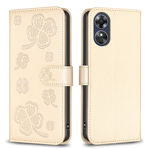 Custodia Portafoglio In Pelle Fiori Cover con Supporto BF1 per Oppo A17 Oro