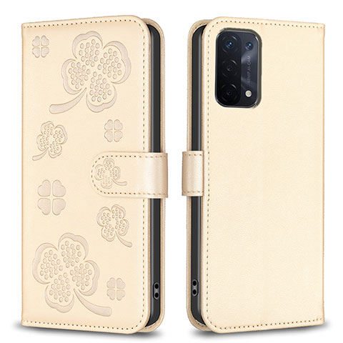 Custodia Portafoglio In Pelle Fiori Cover con Supporto BF1 per Oppo A54 5G Oro