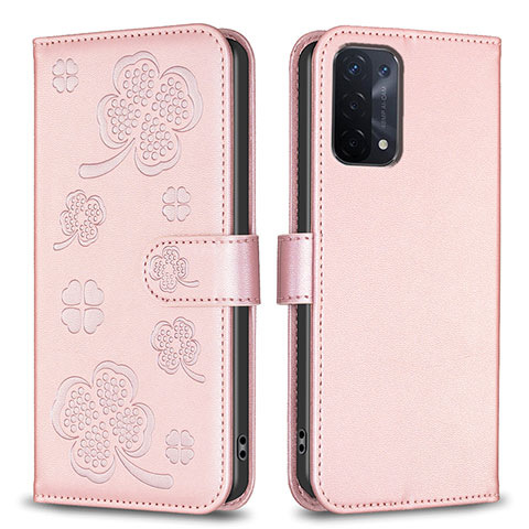 Custodia Portafoglio In Pelle Fiori Cover con Supporto BF1 per Oppo A93 5G Oro Rosa