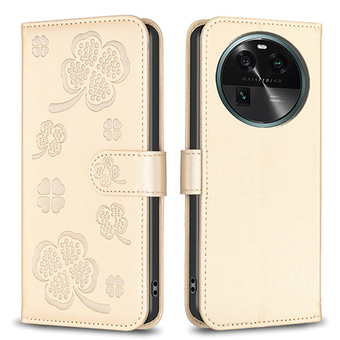 Custodia Portafoglio In Pelle Fiori Cover con Supporto BF1 per Oppo Find X6 5G Oro