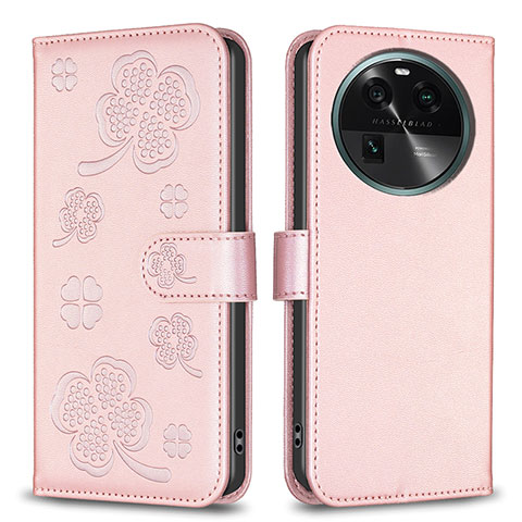 Custodia Portafoglio In Pelle Fiori Cover con Supporto BF1 per Oppo Find X6 Pro 5G Oro Rosa