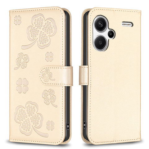 Custodia Portafoglio In Pelle Fiori Cover con Supporto BF1 per Xiaomi Redmi Note 13 Pro+ Plus 5G Oro