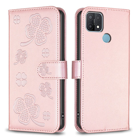 Custodia Portafoglio In Pelle Fiori Cover con Supporto BF2 per Oppo A15 Oro Rosa