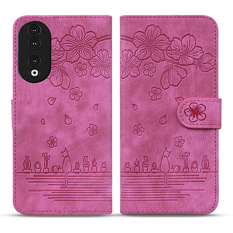 Custodia Portafoglio In Pelle Fiori Cover con Supporto HF1 per Huawei Honor 90 5G Rosa Caldo