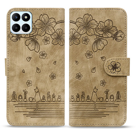 Custodia Portafoglio In Pelle Fiori Cover con Supporto HF1 per Huawei Honor X6a Marrone