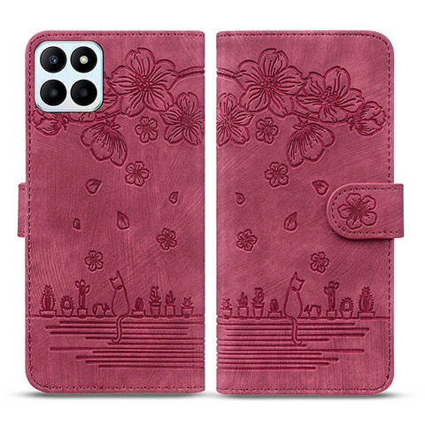 Custodia Portafoglio In Pelle Fiori Cover con Supporto HF1 per Huawei Honor X6a Rosso