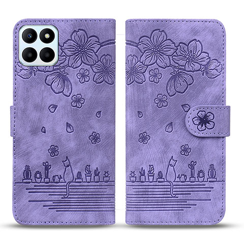 Custodia Portafoglio In Pelle Fiori Cover con Supporto HF1 per Huawei Honor X6a Viola