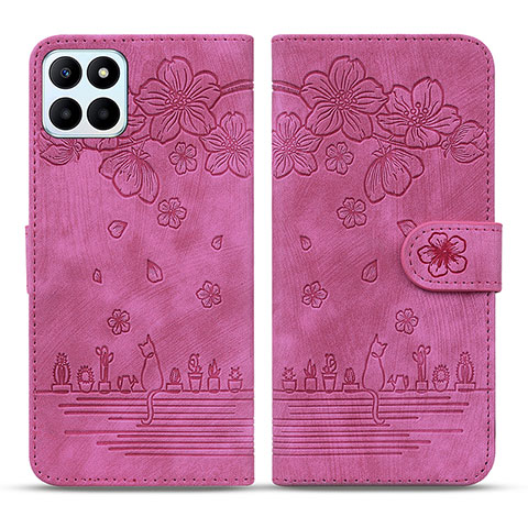 Custodia Portafoglio In Pelle Fiori Cover con Supporto HF1 per Huawei Honor X8b Rosa Caldo