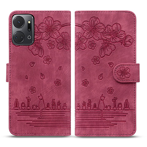 Custodia Portafoglio In Pelle Fiori Cover con Supporto HF2 per Huawei Honor X7a Rosso