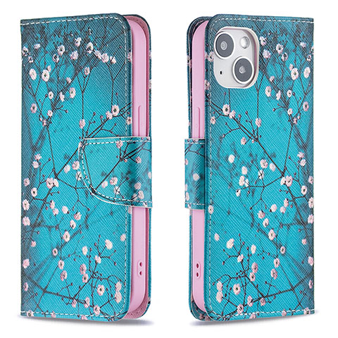 Custodia Portafoglio In Pelle Fiori Cover con Supporto L01 per Apple iPhone 13 Ciano