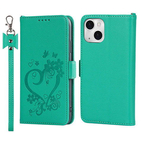 Custodia Portafoglio In Pelle Fiori Cover con Supporto L16 per Apple iPhone 13 Mini Verde