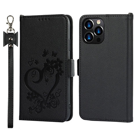 Custodia Portafoglio In Pelle Fiori Cover con Supporto L16 per Apple iPhone 13 Pro Max Nero