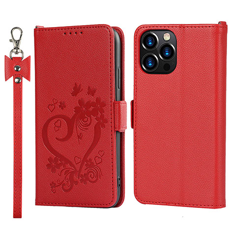 Custodia Portafoglio In Pelle Fiori Cover con Supporto L16 per Apple iPhone 13 Pro Max Rosso