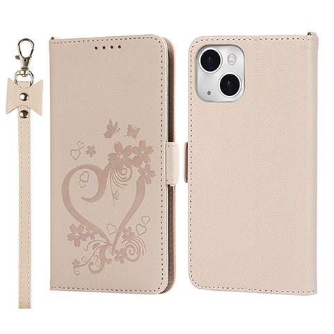 Custodia Portafoglio In Pelle Fiori Cover con Supporto L16 per Apple iPhone 15 Oro Rosa