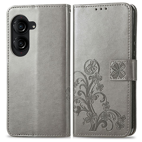 Custodia Portafoglio In Pelle Fiori Cover con Supporto per Asus ZenFone 10 Grigio