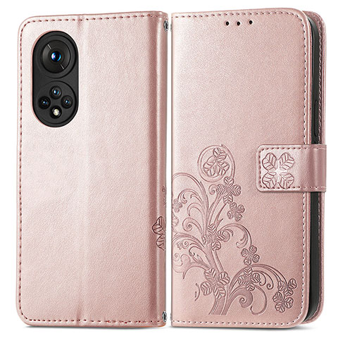 Custodia Portafoglio In Pelle Fiori Cover con Supporto per Huawei Honor 50 5G Oro Rosa