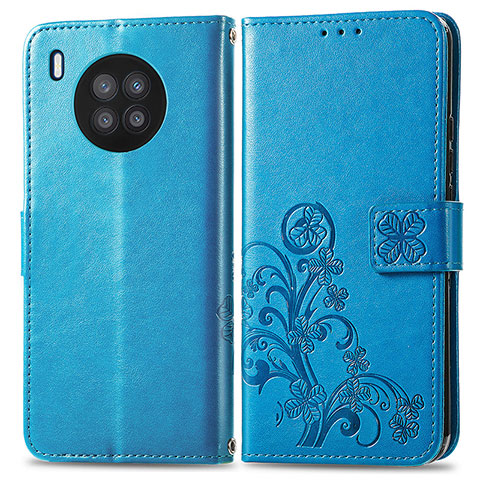 Custodia Portafoglio In Pelle Fiori Cover con Supporto per Huawei Honor 50 Lite Blu