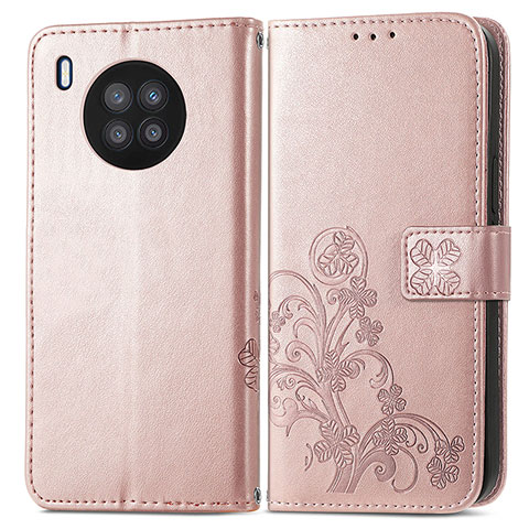 Custodia Portafoglio In Pelle Fiori Cover con Supporto per Huawei Honor 50 Lite Oro Rosa