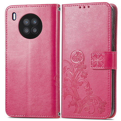 Custodia Portafoglio In Pelle Fiori Cover con Supporto per Huawei Honor 50 Lite Rosa Caldo