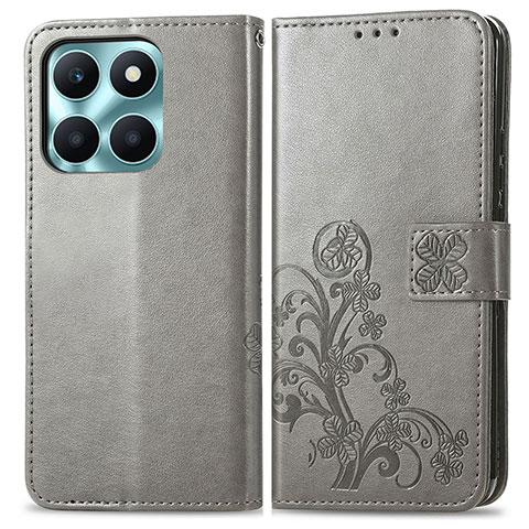 Custodia Portafoglio In Pelle Fiori Cover con Supporto per Huawei Honor X6a Grigio