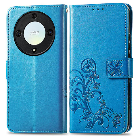 Custodia Portafoglio In Pelle Fiori Cover con Supporto per Huawei Honor X9a 5G Blu