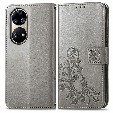 Custodia Portafoglio In Pelle Fiori Cover con Supporto per Huawei P50 Grigio