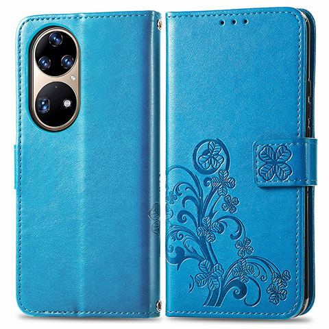 Custodia Portafoglio In Pelle Fiori Cover con Supporto per Huawei P50 Pro Blu