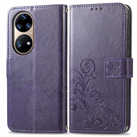 Custodia Portafoglio In Pelle Fiori Cover con Supporto per Huawei P50 Pro Viola